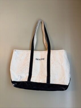 Vtg LL Bean Boat & Tote Large Canvas Bag Ivory Navy Thrashed Monogram Imagine